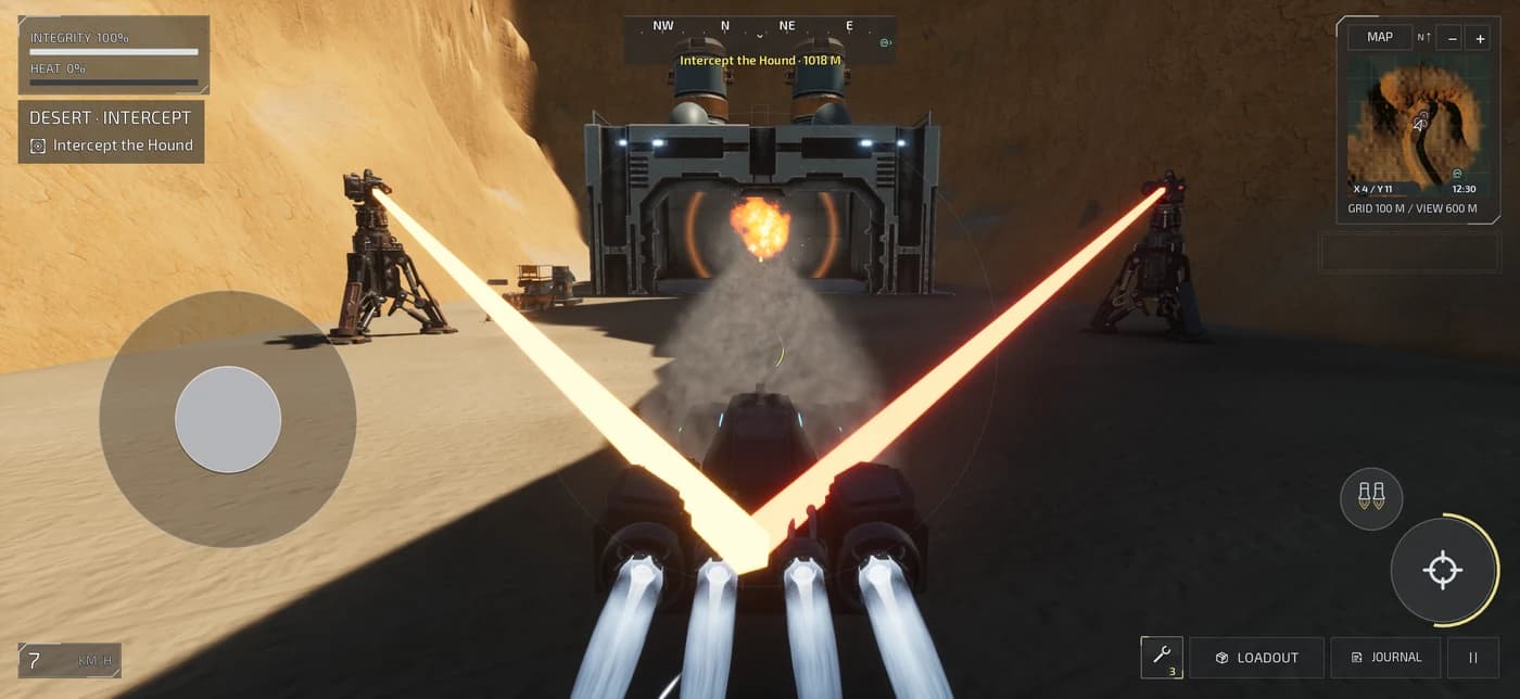 A hover glider attacking an ARCHON factory with the touch interface visible