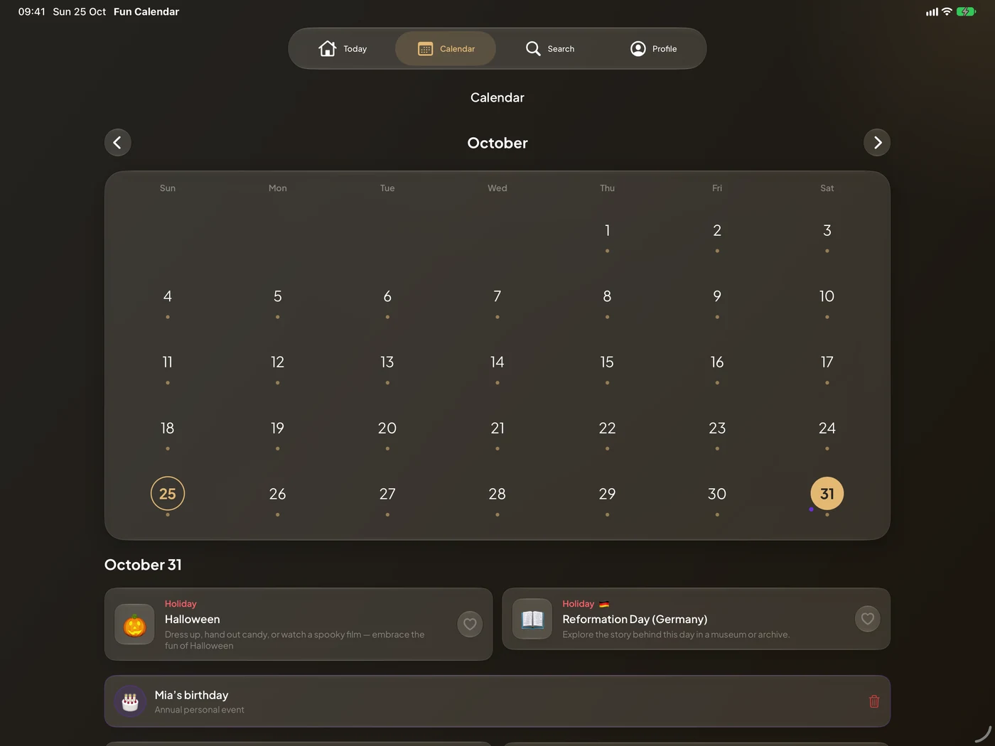 The iPad month calendar with Halloween and a personal birthday